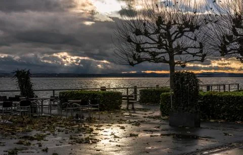 Empty cafe terrace on Bodensee lakeside Stock Photos
