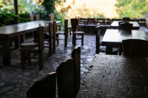 Empty cafe terrace at sunset Stock-Fotos