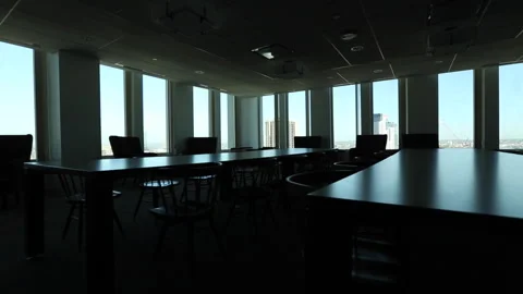 Empty Cafeteria Large Conference Room In City High Rise With Windows Track Stock-Footage 134191855