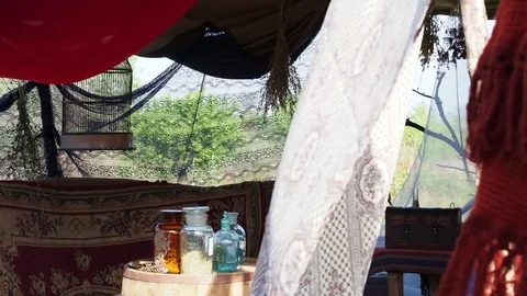 The empty cage for the bird in the tent Stock Footage 83001242