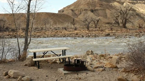 Empty Campground Picnic Table in the Desert at Green River, Utah Stock Footage 36347265