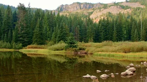 Empty campsite by lake and tree reflection Mirror Lake Mt. Hood Oregon Cascades Stock Footage 81663028