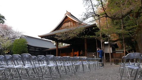 Empty Cancert hall outside at Yasukuni Shrine at spring cherry bloomimg, Tokyo Stock Footage 101642809