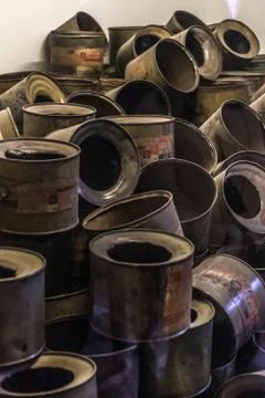Empty cans of Cyclon B gas in Auschwitz, a former Nazi extermination cam Foto stock