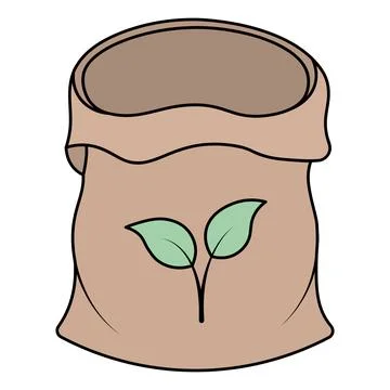 Empty canvas peat bag Brown soil bag with a green sprout. Stock Illustration