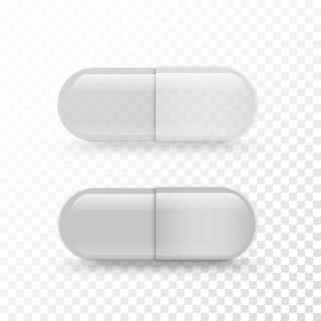 Empty capsule. Pill vitamin mockup. Vector realistic white pharmacology drugs. Stock Illustration