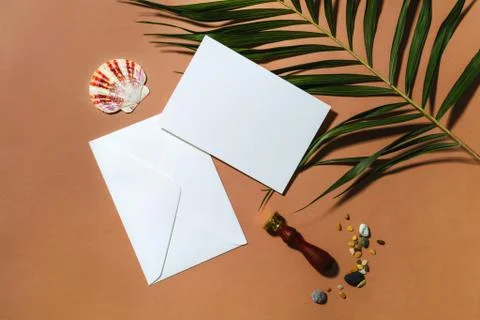 Empty card and envelope, tropical sea decor creative concept. Summer trendy flat Stock Photos