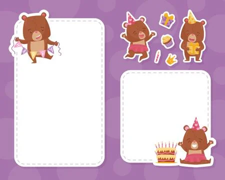 Empty Card with Cute Bear Animal Vector Template Stock Illustration