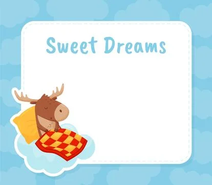 Empty Card with Cute Elk Sleeping on Pillow Cover with Blanket Having Bedtime Illustrazione stock