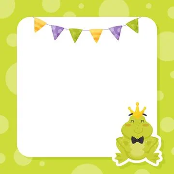 Empty Card with Cute Green Frog and Garland Vector Template Stock Illustration