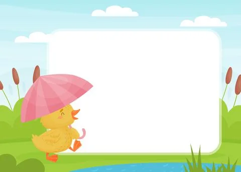 Empty Card Frame with Cute Yellow Duckling Chick Vector Template Stock Illustration
