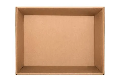 Empty cardboard box isolated on white background. Flat lay Stock Photos