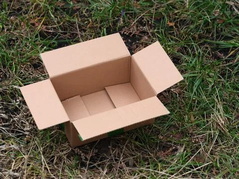 An empty cardboard box lying on grass outside. Stock Photos