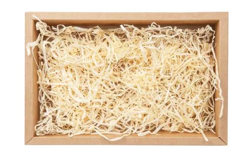 Empty cardboard box. Open box. Box with packing hay. Isolate on white 스톡 사진