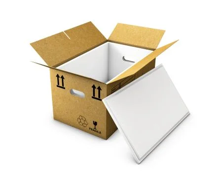 Empty cardboard box opened with insulated foam in and cap, isolated on white  Stock Illustration