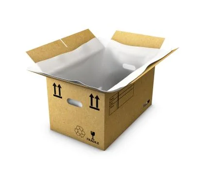 Empty cardboard box opened with thermo foam in , isolated on white background Stock Illustration