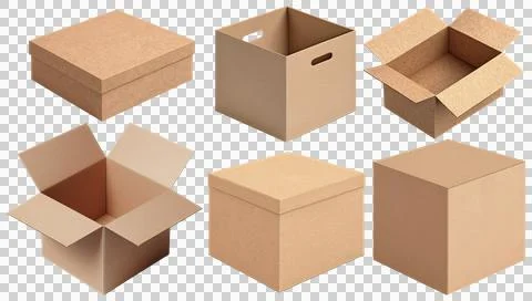 Empty cardboard box set, hyperrealistic highly detailed, transparent backgr.. Stock Photos