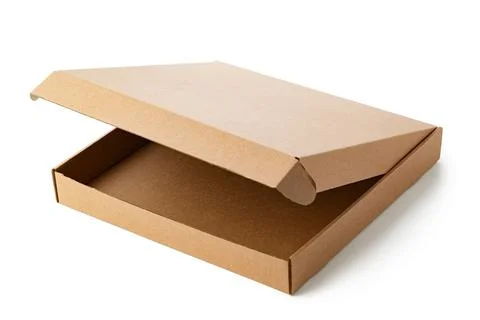 Empty cardboard box on a white surface showing its open position Stock Photos