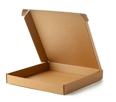 Empty cardboard box on a white surface showing its open position Stock Photos