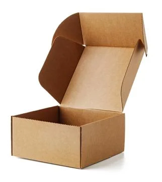 Empty cardboard box on a white surface showing its open position Stock Photos