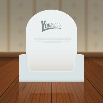Empty Cardboard or visit card display box mockup with front viewpoint on wood Stock Illustration