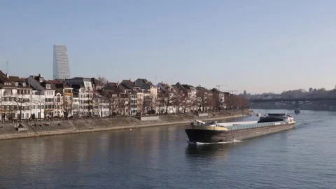 An empty cargo ship on the Rhine River in Basel Vídeos de archivo 70391549