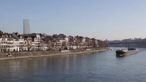 An empty cargo ship on the Rhine River in Basel Vídeo Stock 70453424