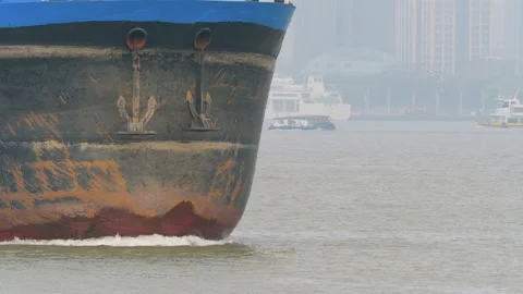 Empty cargo ship sailing in Huangpu river Stock Footage 143940405