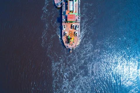 Empty cargo ship in the sea from above Stock Photos