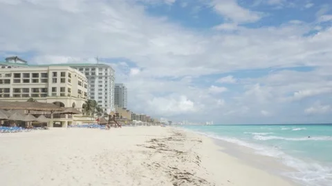 Empty Caribbean Beach with Resorts and calm sea waves. Cancun Zona Stock Footage 142068047