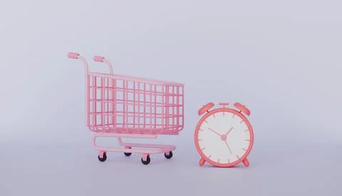 Empty cart and alarm clock,  shopping online, sale and advertisement イラスト素材