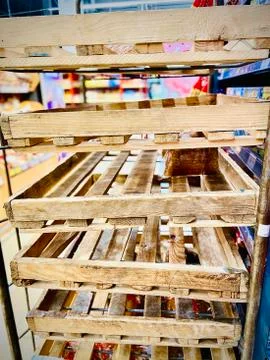 Empty cart, bread tray. Mobile photo. Supermarket. Stock Photos