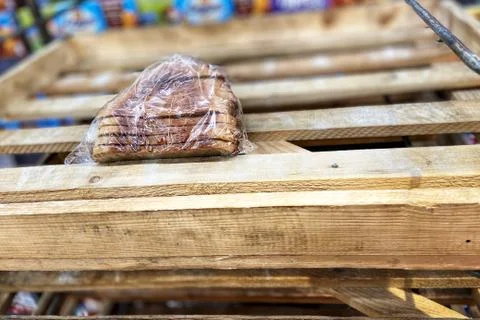 Empty cart, bread tray. Mobile photo. Supermarket. Stock Photos