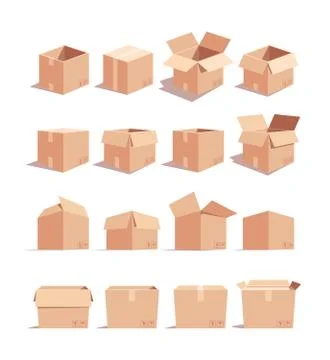 Empty carton boxes isometric 3D vector illustrations set Stock Illustration