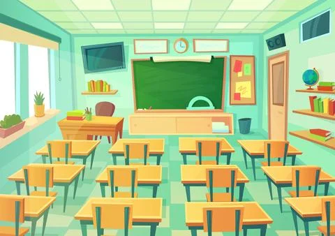 Empty cartoon classroom. School room with class chalkboard and desks. Moder.. Illustrazione stock