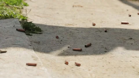 Empty cartridge cases from the bullets of the Kalashnikov ak74 assault Stock Footage 200399606