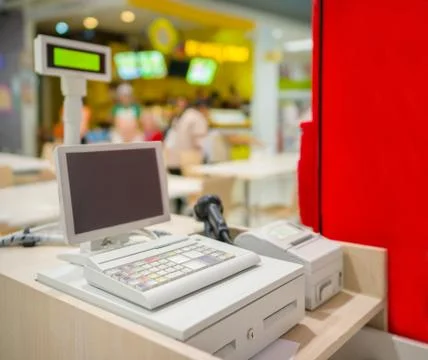 Empty cash desk with computer terinal in supermarket Stock Photos