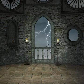 Empty castle room during a stormy night Stock Illustration