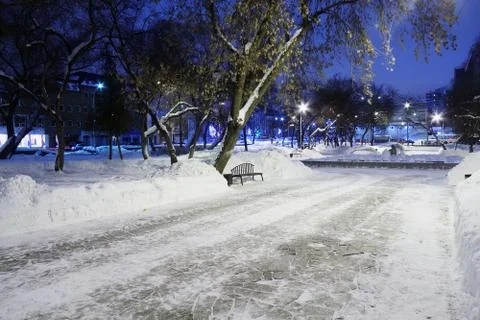 Empty causeway, trees, bench and white snow in park at winter night Stock Photos