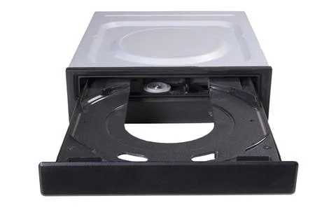 An empty CD reader tray is open. Computer accessories for recording and readi Stock Photos