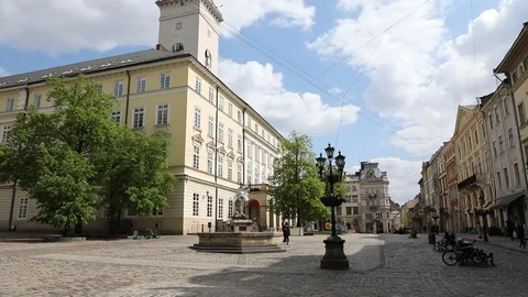 Empty central square (Rynok Square) of Lviv. Stock Footage 130029313