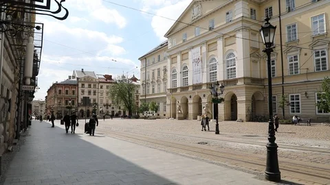 Empty central square (Rynok Square) of Lviv. Stock Footage