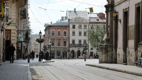 Empty central square (Rynok Square) of Lviv. Stock Footage 130029326