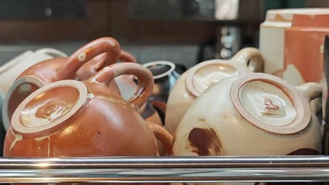 Empty ceramic cups. Set of coffee cups. Stock Footage 306995456