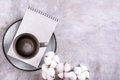 Empty ceramic mug and notebook on a plate and a branch of cotton on a gray .. Stock Photos
