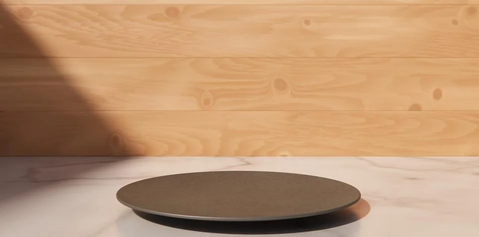 Empty Ceramic Plate on Marble Counter with Wood Background Illustrazione stock