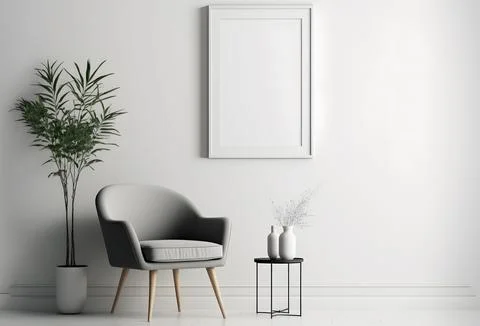An empty chair and table in a white room with framed pictures イラスト素材
