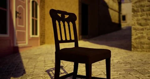 Empty chair on cobblestone street in evening light with historic buildings Stock Illustration