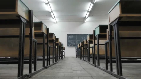 Empty Chairs And Tables Inside School Classroom Stock Footage 145478685