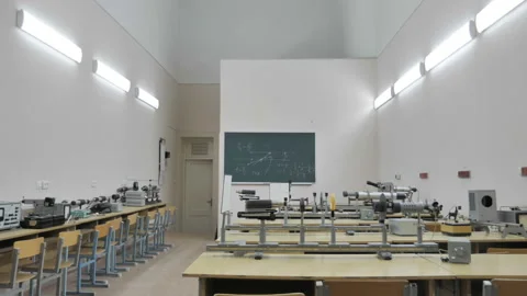 Empty Chairs And Tables In Physics Classroom Stock Footage 145679560